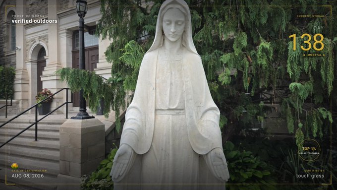 A weathered white statue of the Virgin Mary stands in front of a stone building with steps and an evergreen tree, overlaid with 'Proof of Outdoors' branding, 'Day 138 Immortal,' 'Top 1% Ranked Handball,' and the date 'Aug 06, 2026.'