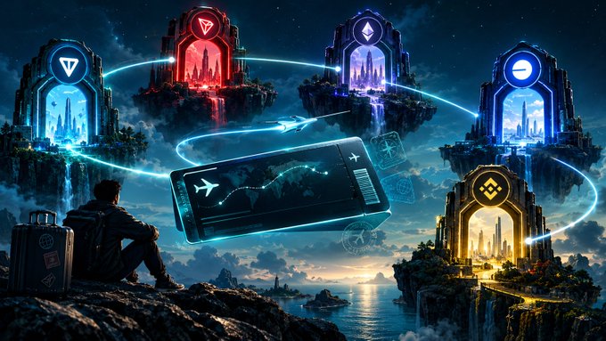 A digital fantasy artwork showing a person sitting on a cliff edge looking at a floating smartphone displaying a travel route, connected by glowing light trails to floating portals marked with various cryptocurrency symbols.
