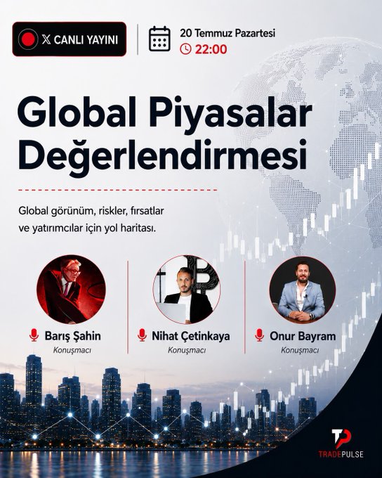 Promotional graphic for a Turkish livestream titled "Global Piyasalar Değerlendirmesi" airing on Monday, July 20 at 22:00 on X, featuring speakers Barış Şahin, Nihat Çetinkaya, and Onur Bayram against a cityscape and globe backdrop with the TradePulse logo.