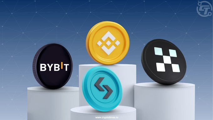 Three cryptocurrency logos displayed on pedestals against a blue background: Bybit (BYB/T), Binance (BNB), and another black coin, with the source www.cryptotimes.io.