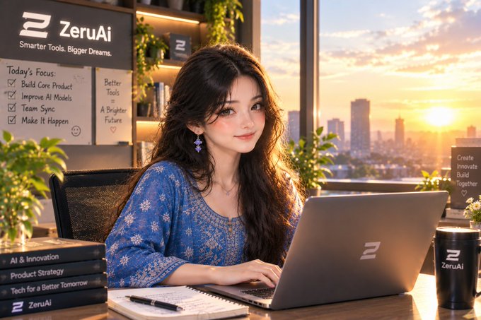 A digital illustration of a smiling young woman working on a laptop with a 'ZeruAi' logo, sitting at a desk with a 'ZeruAi' coffee mug and a whiteboard listing tasks like 'Build Core Product', 'Improve AI Models', 'Team Sync', and 'Make It Happen'.
