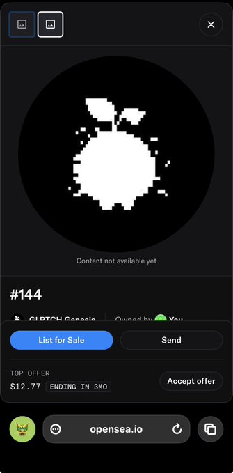 An OpenSea NFT listing page for item '#144', showing a pixelated apple image with a 'Content not available yet' message and a top offer of $12.77.
