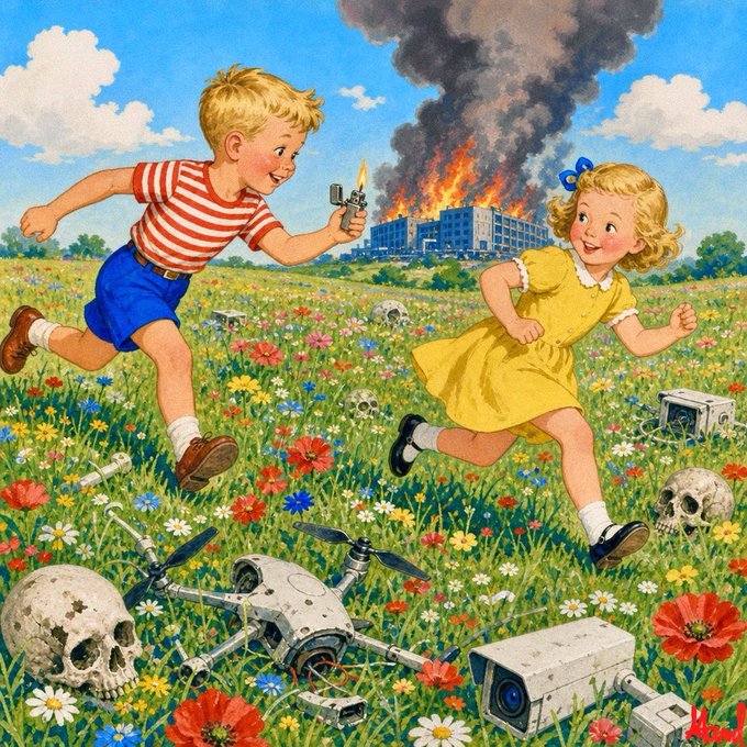 A retro-style illustration shows a boy with a lighter chasing a girl in a yellow dress through a flower field dotted with skulls and broken drones, while a building burns in the background.