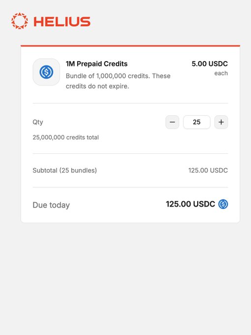 A Helius checkout page for 1M Prepaid Credits priced at 5.00 USDC each, with a quantity of 25 selected for a subtotal and due today amount of 125.00 USDC.