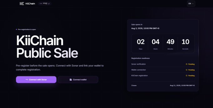 A screenshot of the 'KiiChain Public Sale' webpage showing a countdown timer with 02 days, 04 hours, 49 minutes, and 10 seconds remaining, along with pending registration readiness steps.