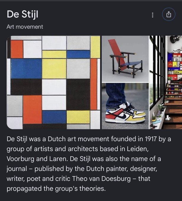 An informational card about the De Stijl art movement features a Mondrian-style geometric composition alongside images of a red and blue chair, yellow, red, and blue sneakers, and a stylized interior. The text describes the movement, noting it was "a Dutch art movement founded in 1917" with a journal published by "Theo van Doesburg."