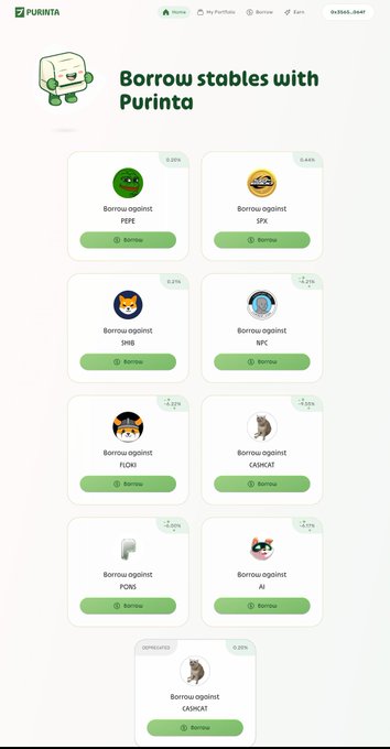 Screenshot of the Purinta platform interface titled 'Borrow stables with Purinta', showing a grid of cryptocurrency options including PEPE, SPX, SHIB, NPC, FLOKI, CAKCAT, PORK, and AI, each with a Borrow button.