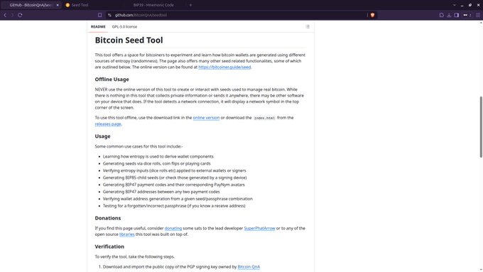 The image shows a GitHub README page for BitcoinQnA/seedtool, detailing its offline usage for managing real Bitcoin wallets, along with verification steps involving copying a PGP signing key from Bitcoin-Qt. The accompanying post relates to this by highlighting that seeds generated with the tool can be cross-verified in iancoleman/bip39 and other offline wallets to confirm matching derivations, supporting the tool's role in secure wallet experimentation.