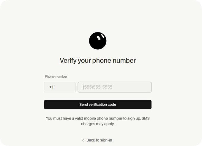 A sign-up verification screen with text 'Verify your phone number' and a phone number input field pre-filled with '+1 (555)555-5555', along with a 'Send verification code' button.
