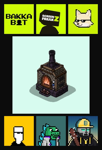 A promotional image featuring a pixel art stove in the center surrounded by pixel art character icons, including 'BAKKA BIT' and 'SCREEN FREAK Z' at the top.
