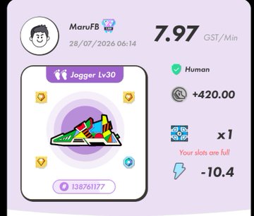 Move-to-earn app showing user 'MaruFB' with a Jogger Lv30 sneaker earning 7.97 GST/Min, +420.00 GST reward, and a -10.4 energy cost at 28/07/2026 06:14.