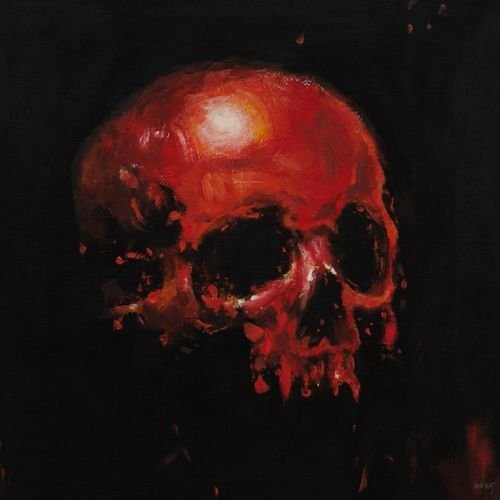 A dramatic, red-toned painting of a skull titled "Bloody" by artist Leyla Buk from her Skull for You collection. The intense, visceral imagery of the crimson skull reflects the caption's metaphor of collecting a "wrong rose."