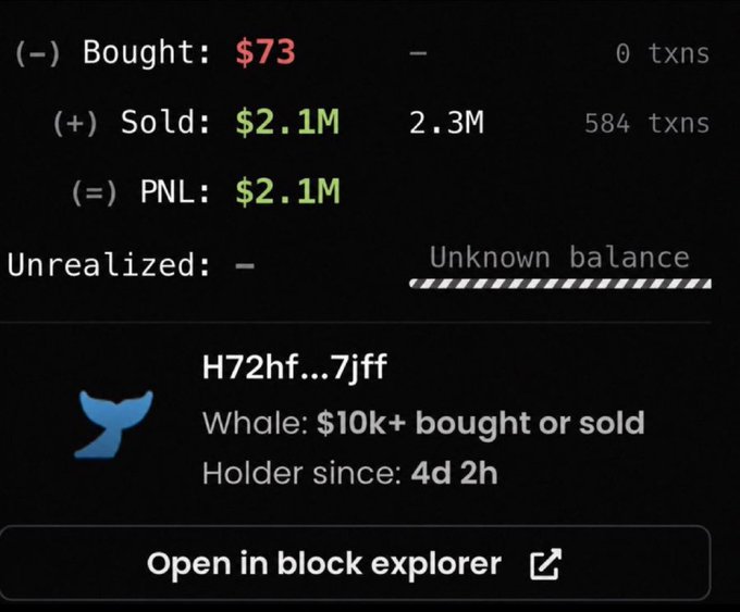 A cryptocurrency trading interface showing a wallet address H72hf...7jff with a buy of $73 and a sold amount of $2.1M, resulting in a PNL of $2.1M over 584 transactions, labeled as a 'Whale' holder for 4d 2h.