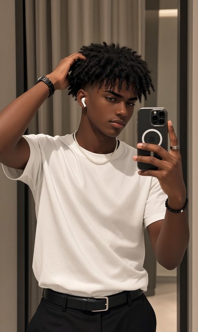 A young man with dark skin and textured hair takes a mirror selfie with his smartphone, wearing a plain white t-shirt, pearl necklace, earrings, and a bracelet.
