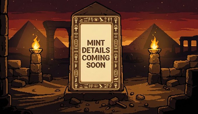 A pixel-art style illustration of an Egyptian-themed scene with a stone tablet in the center displaying 'MINT DETAILS COMING SOON', flanked by torches with pyramids in the background.