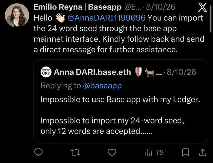 A screenshot of an X (Twitter) exchange where Emilio Reyna from Baseapp advises user Anna DARI.base.eth on importing her 24-word seed phrase, addressing her issue that only 12 words are accepted in the app.