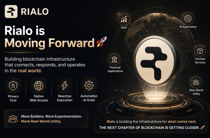 A promotional graphic for RIALO blockchain infrastructure with the text 'Rialo is Moving Forward' and features like 'Privacy First', 'Native Web Access', 'Reactive Execution', and 'Automation at Scale'.