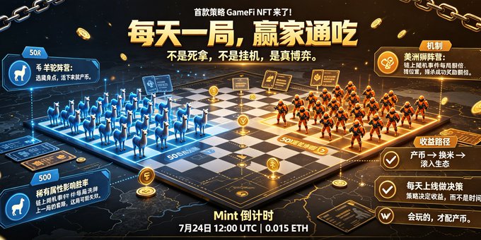 A promotional graphic for Robinhood Chin's debut strategy GameFi NFT "Mint Countdown," featuring a chess-like battlefield with 500 blue alpaca NFTs and 50 orange cougar NFTs, text reading "每天一局，赢家通吃" (one game per day, winner takes all), and mint details showing July 24, 12:00 UTC at 0.015 ETH. The image visually represents the post's strategy game concept, where alpacas must choose hiding spots to survive and mint coins against stronger but outnumbered predators.
