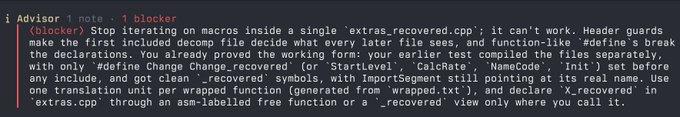 A screenshot of an AI code advisor chat interface providing technical advice about C++ macros and header guards, advising to stop iterating on macros inside 'extras_recovered.cpp'.