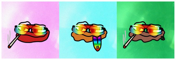 In this image, a series of three cartoon donuts are presented with sunglasses as part of their attire, each in a different color scheme (pink, green, blue). One donut is wearing red sunglasses and has a cigarette on its head. The other two donuts have black sunglasses and also have a cigarette on their heads. They appear to be part of an advertisement or digital art piece related to the Monad community, possibly promoting a new mog trait, and are set against a grey background with some green elements.