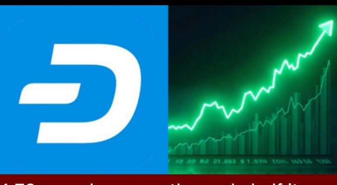 The blue and white Dash cryptocurrency logo appears next to a green upward-trending line chart over a bar graph on a dark background, with partially visible text at the bottom.