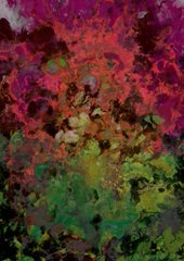 An abstract artwork featuring vibrant, chaotic splashes of pink, red, green, and yellow paint against a dark background, with no visible text. The image appears to represent the "Creepy Mix" generative art piece mentioned in the post, which celebrates the artist's GA Family collection and acknowledges Terrylknox's support on the Tezos (XTZ) blockchain.
