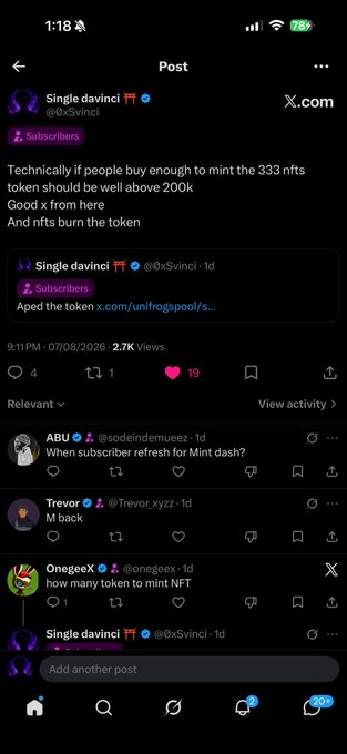 A screenshot of a post on X by @0xSvinci discussing NFT minting economics, noting that if enough tokens are bought to mint 333 NFTs, the price should rise above 200k, while tokens can also be burned for NFTs. The image shows the original post explaining this token burn/mint mechanism, supporting the claim that the NFTs remain undervalued with minting still ongoing.