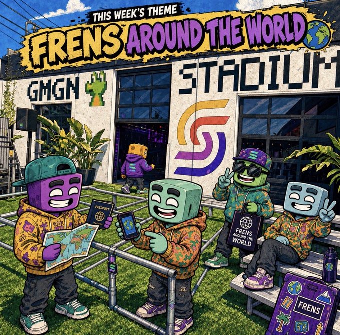 A vibrant illustrated poster titled 'THIS WEEK'S THEME: FRENS AROUND THE WORLD' features cartoon block-headed characters in colorful streetwear hanging out outside a 'STADIUM' building with a cactus logo.