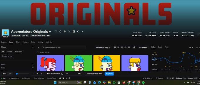The image shows a computer screen displaying a website called "Originals" with four different cartoon characters. The text on the screen reads "Good Night Everyone... I minted an ORIGINALS @Appreciators_IO ORIGINALS is starting to show some interesting numbers → Floor sitting at 60 APE → 31.9K APE total volume → Already 632 unique holders 5,361 items. Launched in April 2002. Now growing on ApeChain". The characters are positioned above the text and appear to be floating or moving across the screen.