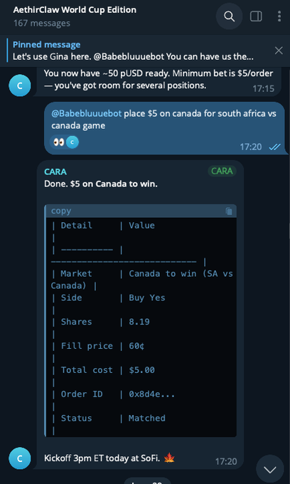 Screenshot of a Telegram group chat titled 'AethirClaw World Cup Edition' (167 messages) showing users using the CARA bot to place a $5 bet on Canada to win in the SA vs Canada game, with the order successfully matched at 60¢.