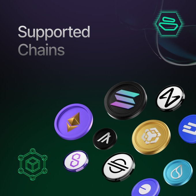 A promotional graphic titled "Supported Chains" displays 3D-rendered cryptocurrency token logos against a dark purple and teal gradient background, visually representing the blockchain networks highlighted in the post—Solana, Zano, Base, Ethereum, and BNB Chain—with the Zebec logo featured in the top right corner.