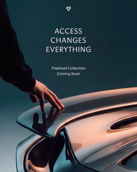 A promotional image featuring a hand touching a sleek, metallic car surface, with the text "ACCESS CHANGES EVERYTHING" and "Freehold Collection - Coming Soon" displayed against a dark teal background.
