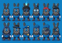 A character selection screen displays 10 variations of a blue fuzzy cartoon character with different accessories against a blue background.