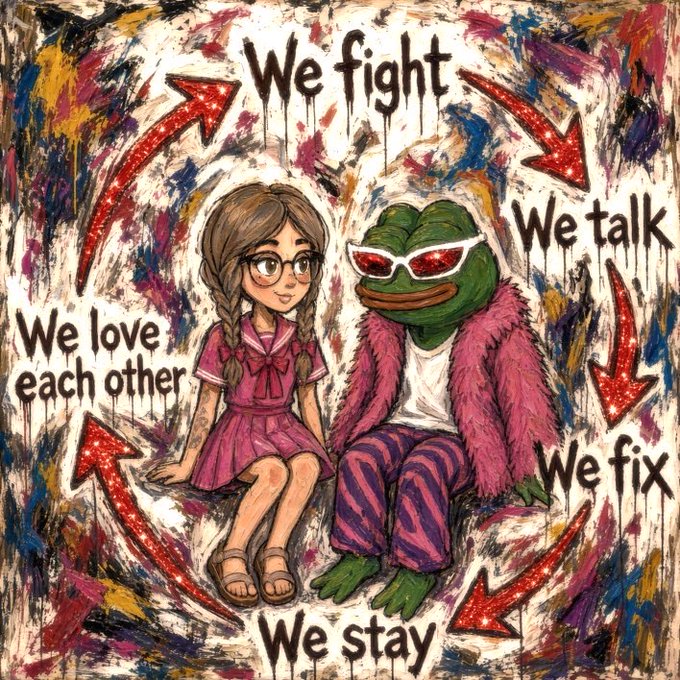An illustrated artwork showing a girl in a pink dress and a Pepe the Frog character sitting together, surrounded by arrows and text reading 'We fight,' 'We talk,' 'We fix,' 'We love each other,' and 'We stay.'