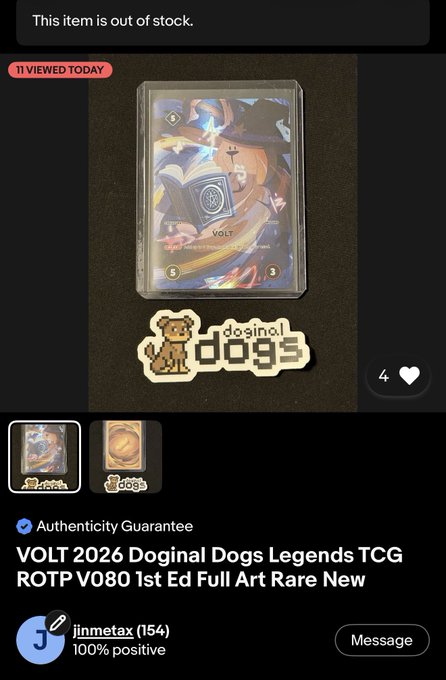 A mobile marketplace listing displays an "out of stock" notification for a "VOLT 2026 Doginal Dogals Legends TCG ROTP V080 1st Ed Full Art Rare New" trading card.