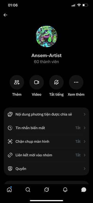 The image shows a group chat screen titled "Ansem-Artist" with 60 members, featuring various settings options like media sharing, disappearing messages, and permissions in Vietnamese. This visually confirms the post's claim about leading a group of 60 artists dedicated to creating meme content and artwork for the $ANSEM culture.
