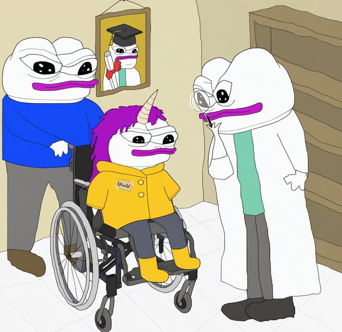 A cartoon illustration shows three frog-like characters; one in a wheelchair wearing a yellow raincoat is flanked by two others, with a framed graduation photo on the wall behind them.