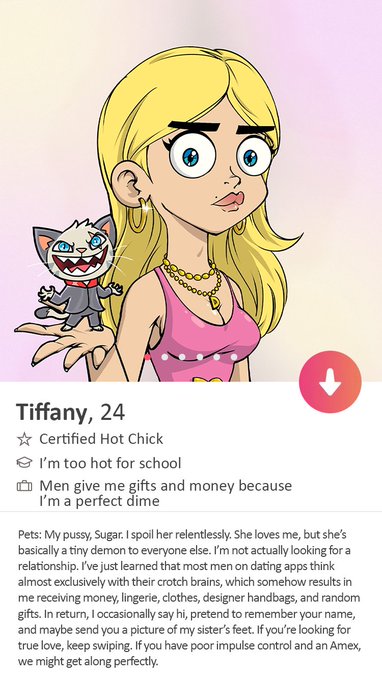 A cartoon-style dating app profile for "Tiffany, 24" — a blonde woman labeled a "Certified Hot Chick" who is "too hot for school" and seeks gifts and money because she's a "perfect dime," accompanied by a small demonic cat and a bio that lists demands including money, lingerie, and designer handbags in exchange for a picture of her sister's foot. The image fits the post's "HODL ME" dating app parody, presenting Tiffany as the dangerously expensive and judgmental match users must swipe on.