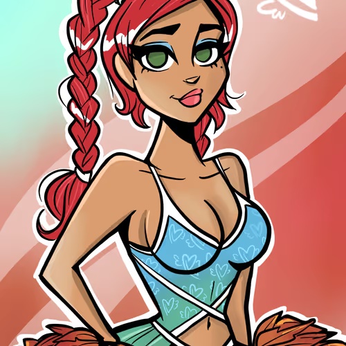 A cartoon-style digital illustration of a young woman with red braided hair and green eyes, wearing a blue patterned top.