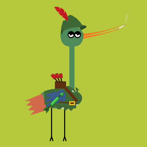 A cartoon illustration of a tall, thin green bird-like character dressed as a Robin Hood figure, with a feathered cap, quiver of arrows, and a red cape on a green background.
