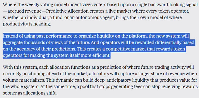 Text excerpt discussing Predictive Allocation, with a highlighted paragraph explaining that the new system aggregates views of the future and rewards operators differentially based on prediction accuracy.