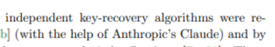 A snippet of academic text reading 'independent key-recovery algorithms were re-' on one line and 'b) (with the help of Anthropic's Claude) and by' on the next, referencing Anthropic's Claude AI.