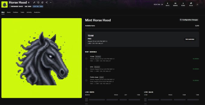 An NFT mint page for the 'Horse Hood' project (adidasORIGINAL × PUDGY), with mint schedule showing Public mint sold out, supply 3,333.