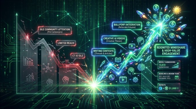 A digital graphic depicting a glowing green chart rising sharply, contrasting problems like 'IDLE COMMUNITY ATTENTION' and 'LIMITED REACH' with solutions such as 'BULLPENFI INTEGRATION', 'CREATIVE AI VIDEOS', and 'WRITING CONTESTS', leading to 'REIGNITED MINDSHARE & HIGH-VALUE ENGAGEMENT' with metrics like 15,572 weekly submissions.