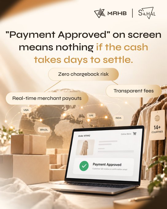 An advertisement for MRHB and SAHAL payment services featuring the text 'Payment Approved on screen means nothing if the cash takes days to settle,' along with features like 'Zero chargeback risk' and 'Real-time merchant payouts,' showing a laptop displaying an online store order.