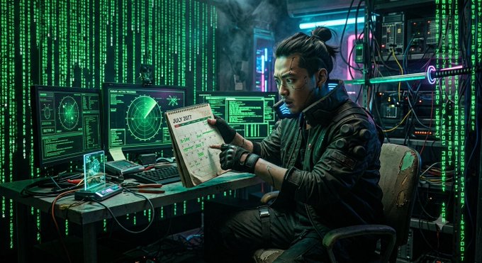 A cyberpunk hacker with a man bun sits at a desk surrounded by monitors displaying green Matrix-style code, holding a calendar marked 'JULY 2017'.