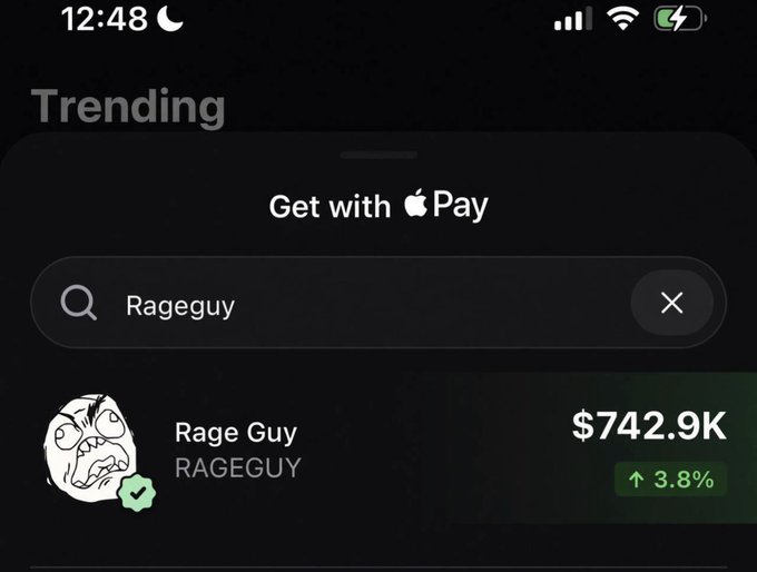 The image shows a Pump.fun app displaying the $RAGEGUY (Rage Guy) token with a market cap of $742.9K and a 3.8% increase, under the search query "Rageguy" with a "Get with Apple Pay" prompt. This aligns with the post's joke about being "done buying memecoins" right before the platform makes purchasing $RAGEGUY even easier with Apple Pay integration.