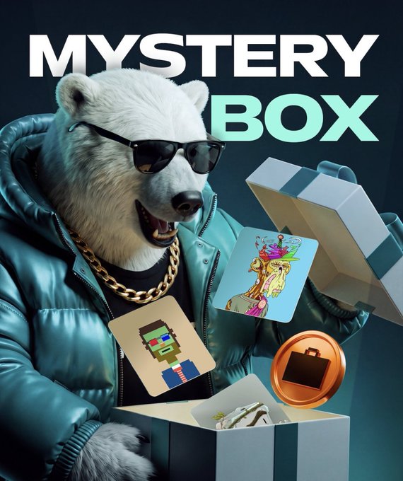 An NFT-style promotional image titled 'MYSTERY BOX' featuring an anthropomorphic polar bear in sunglasses and a puffer jacket opening a box with NFT items inside.