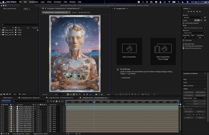Adobe After Effects interface showing a composition titled 'Living Monument - Animated Review #02' featuring a surreal AI-generated portrait of a glowing humanoid figure over a cityscape, with text crediting Rob Barrett.