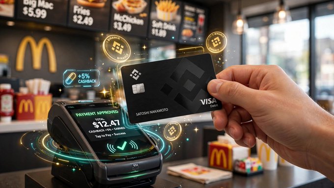 A hand taps a black Visa debit card bearing the name "Satoshi Nakamoto" against a contactless payment terminal at McDonald's, with a digital overlay displaying a $12.47 transaction, a 5% cashback offer, and glowing Binance logos. The image visually illustrates the post's narrative of using a Binance Visa card for seamless, crypto-backed payments at a mainstream fast-food chain.